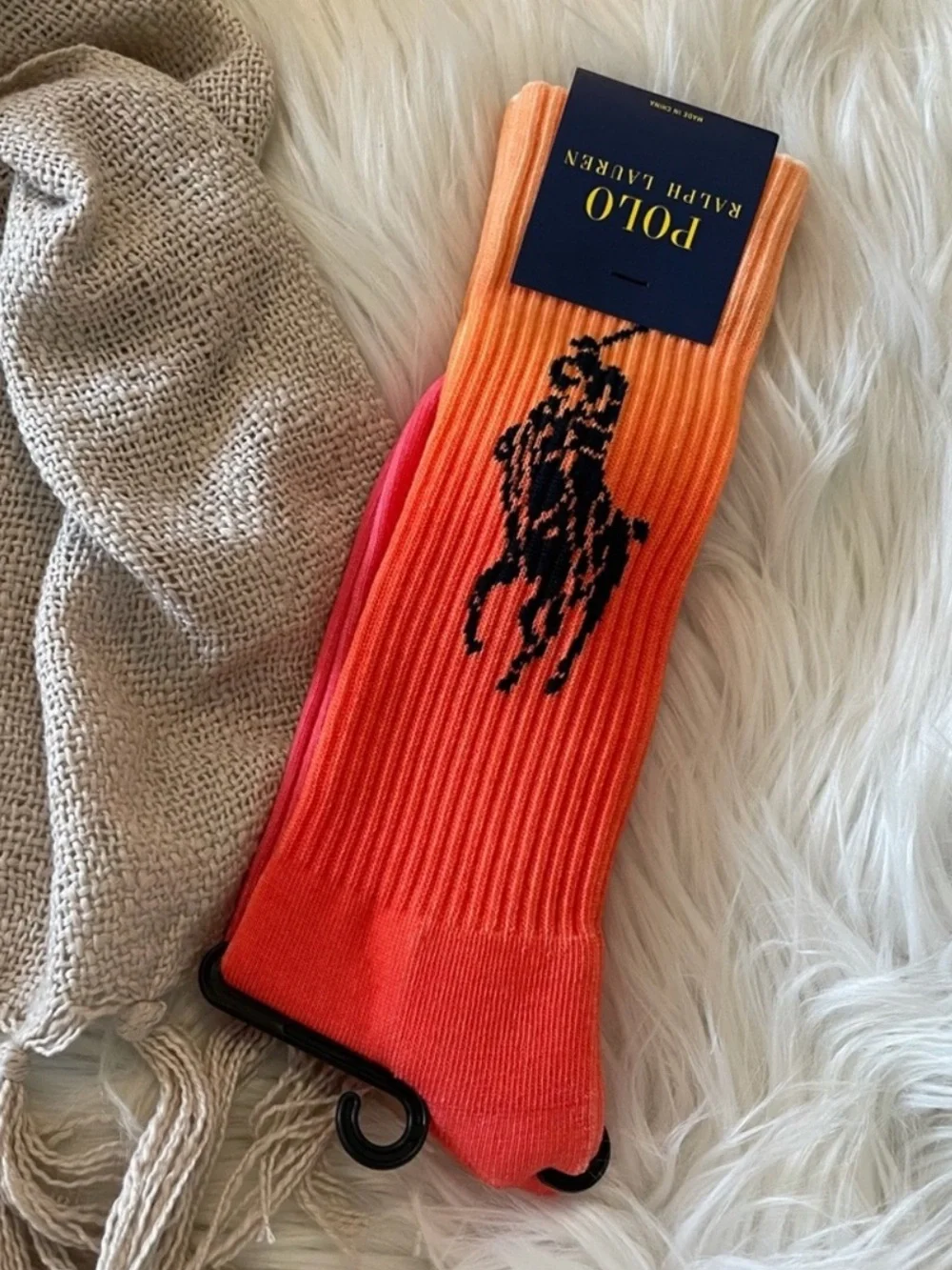 🆕 POLO Ralph Lauren Large Pony Crew Socks Orange Pink Gradient Dip Dye RARE NWT
